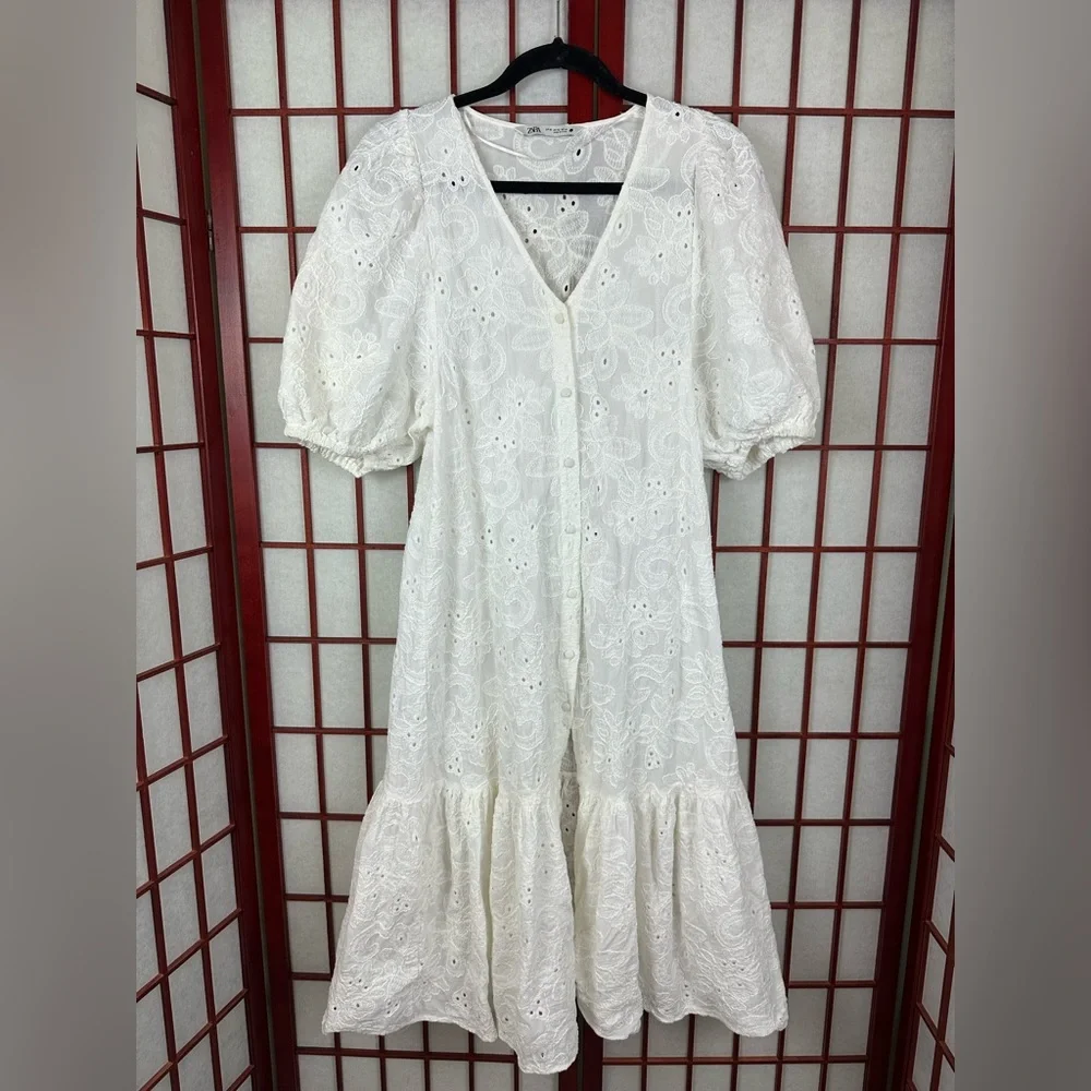 Zara White Eyelet Puff Sleeve Midi Dress Cottagecore Spring Capsule Chic - Picture 2 of 7